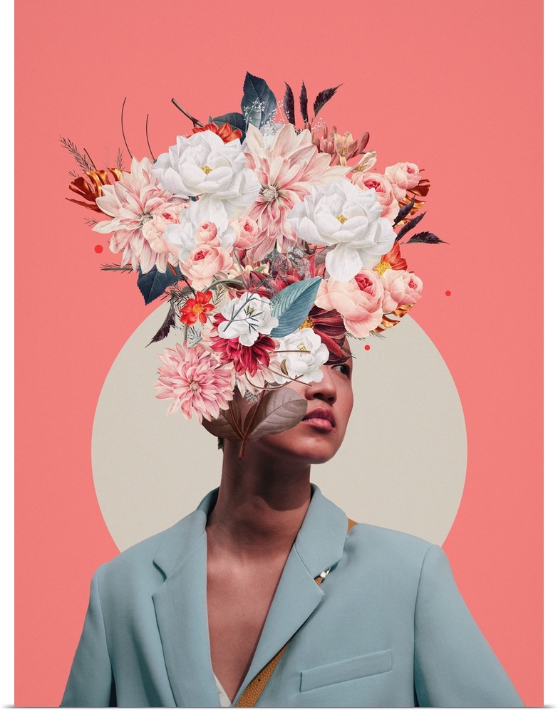 A high impact surrealist collage portrait of a person in a blue suit jacket who's head is covered with a collage of dahlia...