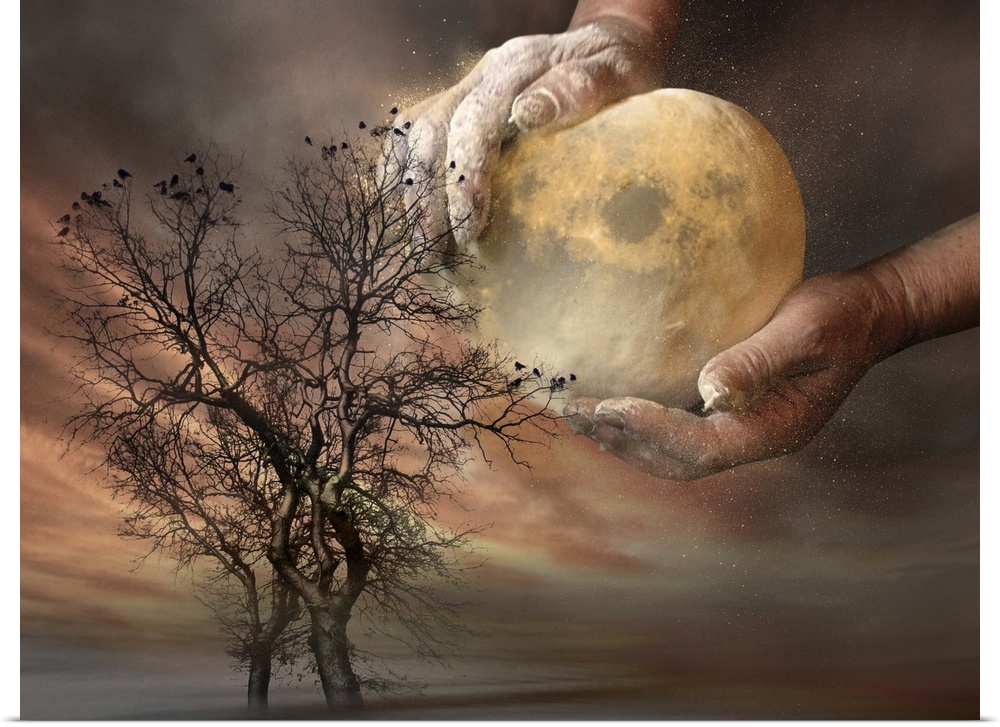 Conceptual image of a baker shaping the moon as if it were dough, in the sky over a tree.