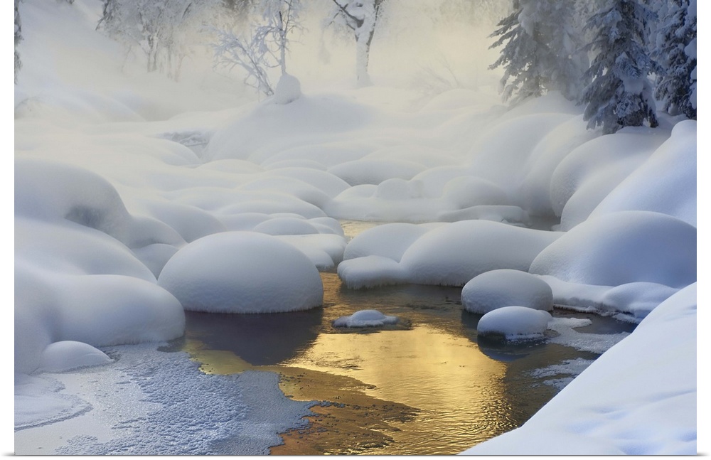 A pond reflecting golden light with snow blanketing the forest around it.