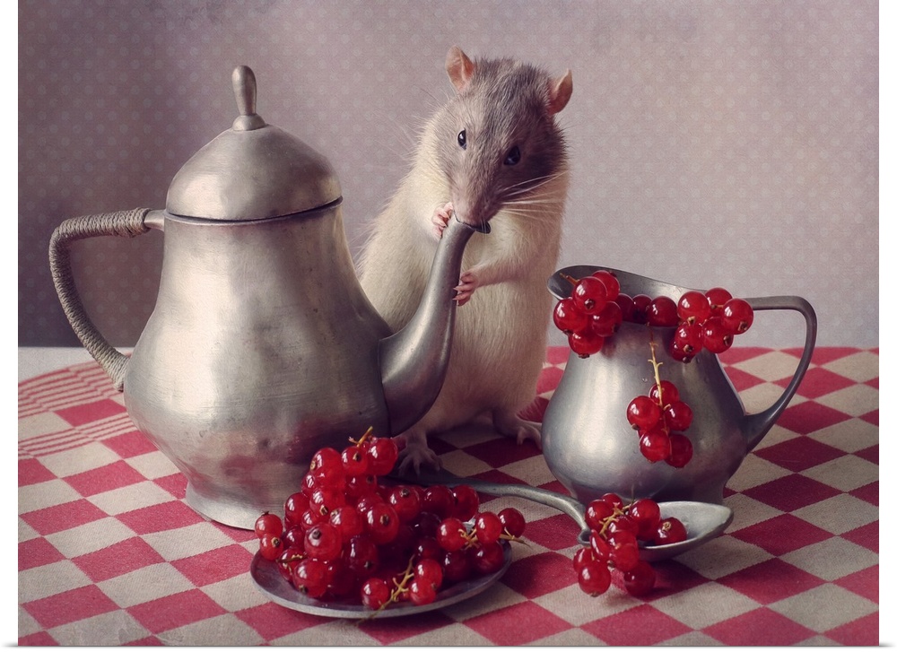 A conceptual still-life photograph of a rat with a teapot and fruit.