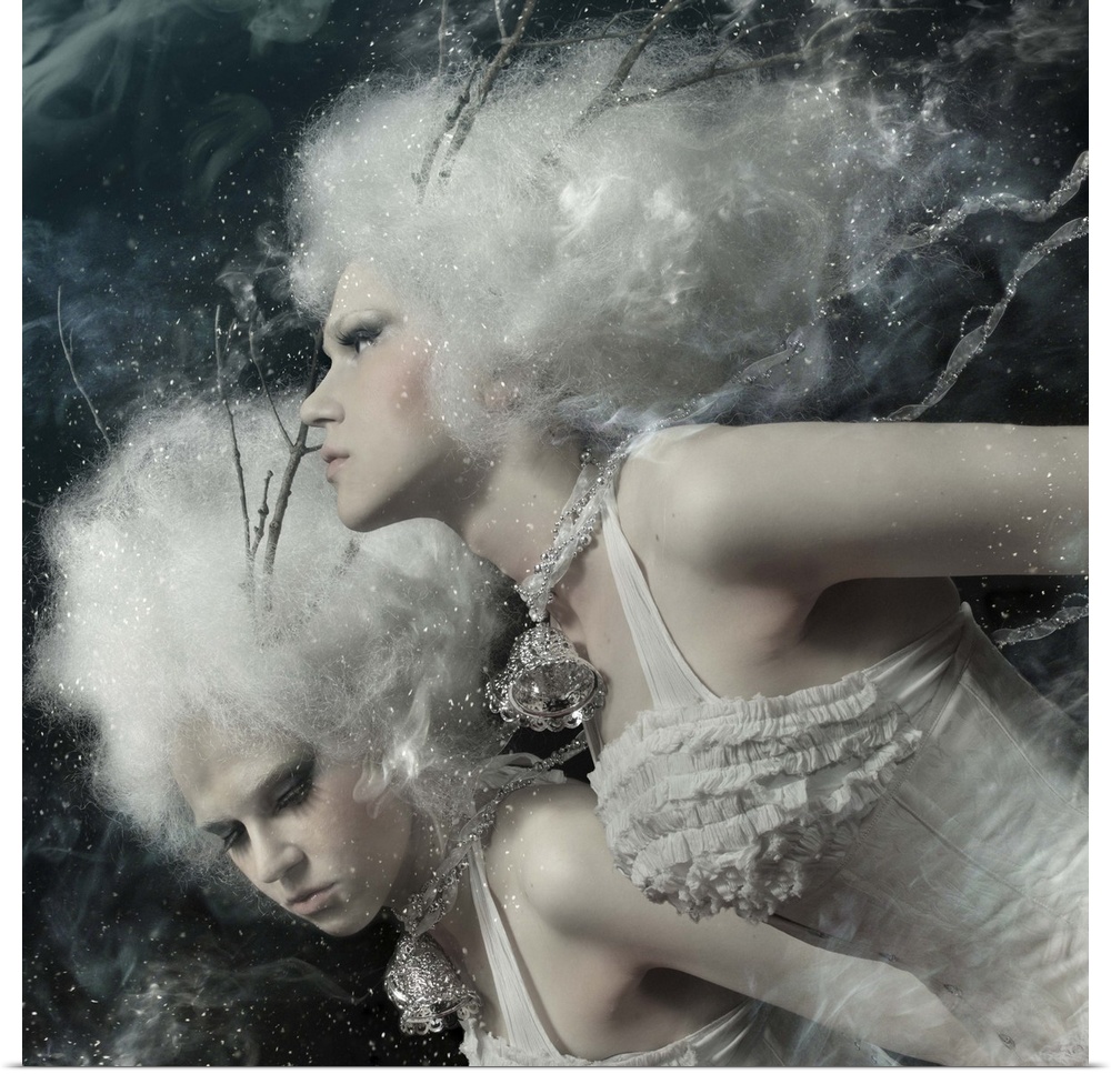 Fantasy image of two Winter Spirits with white hair, wearing branches and bells.