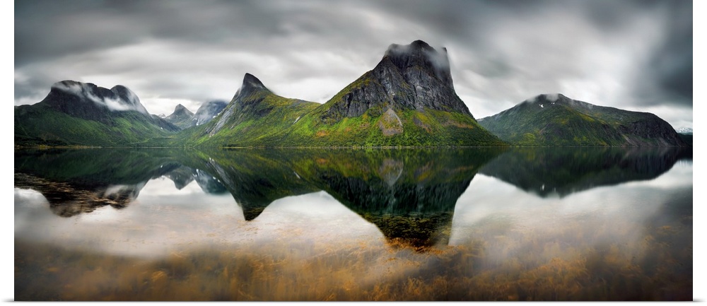 Panorama of Steinsfjorden among mountains and forest on Senja Island, Norway