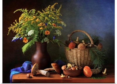 Still Life With Mushrooms And Bouquet