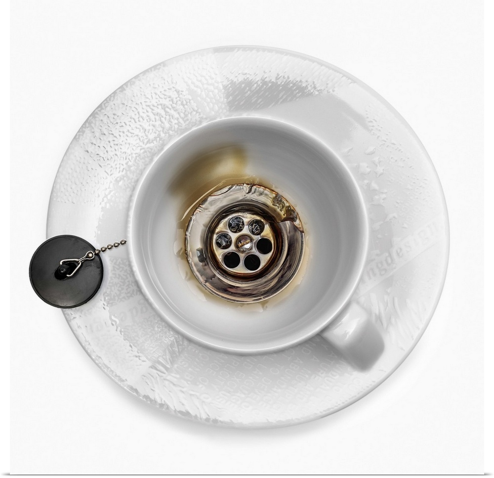 Conceptual image of a coffee mug with a drain at the bottom.