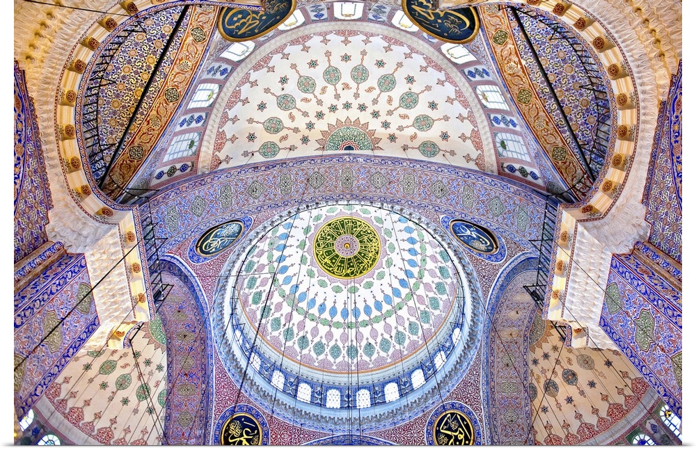 The intricately painted columns and domes of the Blue Mosque, also called the Sultan Ahmed Mosque, Istanbul, Turkey.