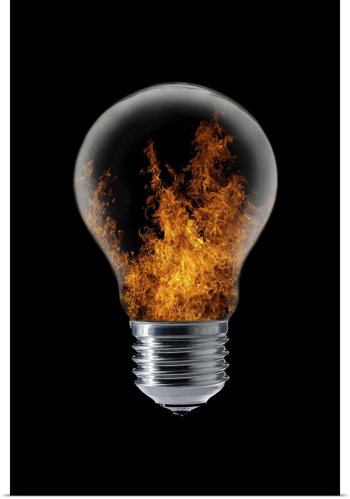 Conceptual image of a lightbulb with flames inside.
