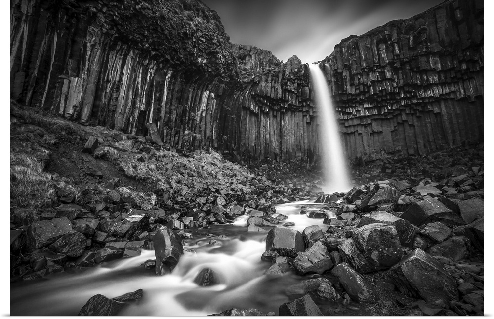 The Svartifoss Waterfall in the columnar basalt cliffs in Iceland.