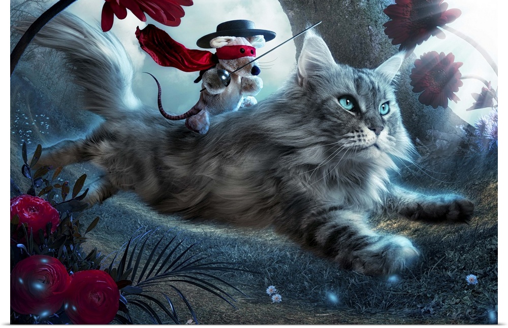 A plush mouse dressed like Zorro rides a cat through a forest.