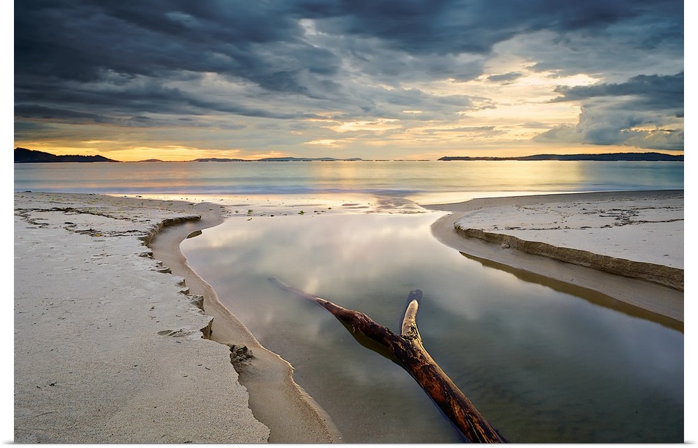 Fine art photo of a sandy beach wit h driftwood and a cloudy sky in the morning.
