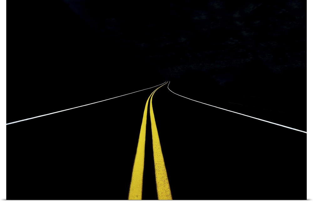 Minimalist image of a road with yellow and white traffic lines.
