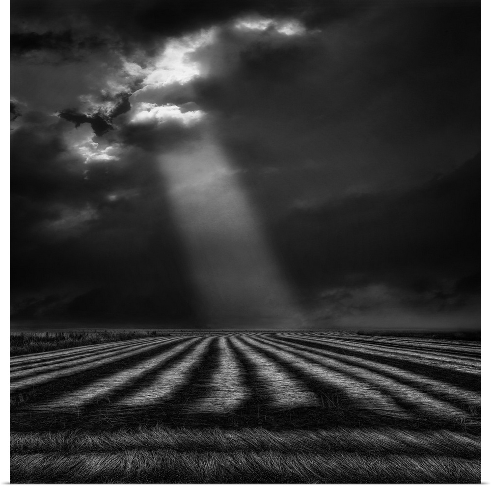 A shaft of sunlight shines down dark clouds over a countryside scene.