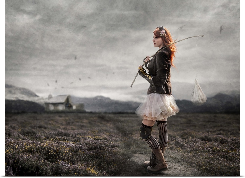 A conceptual photograph of a woman wearing steampunk attire and standing in an ethereal landscape.