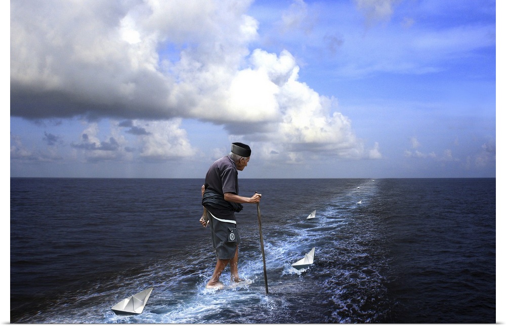 Elderly man walking on the ocean with paper boats guiding the way.