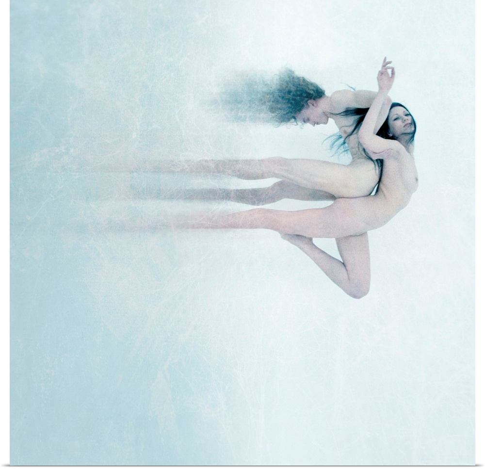 A conceptual photograph of nude male and female back to back against a white background.
