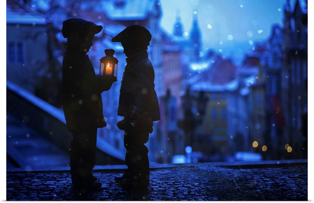 Silhouettes of children facing each other with one holding a lantern at night in winter.
