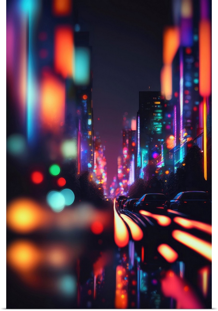 A nighttime photograph of a busy city with abstracted lights from cars and buildings