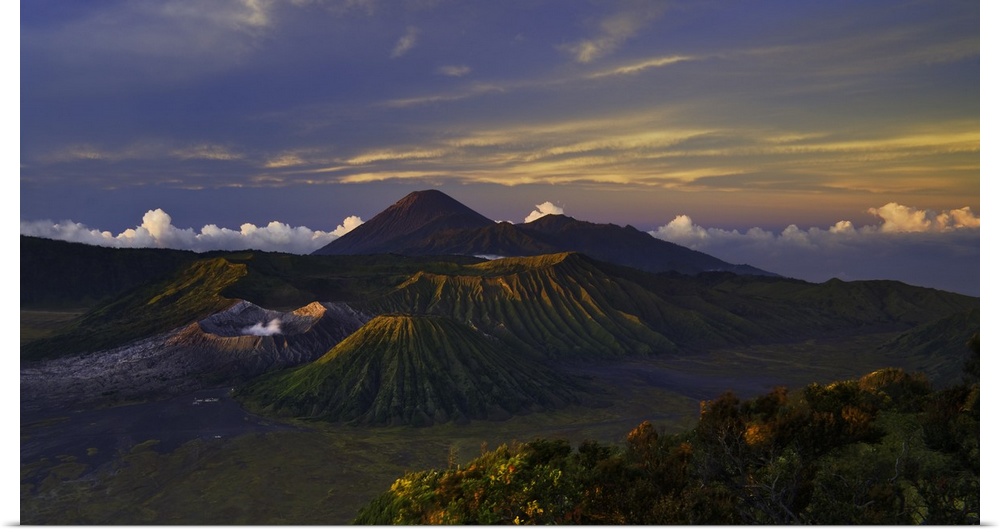 Beautiful mountain landscape in Java, Indonesia, with Bromo volcano in the center.