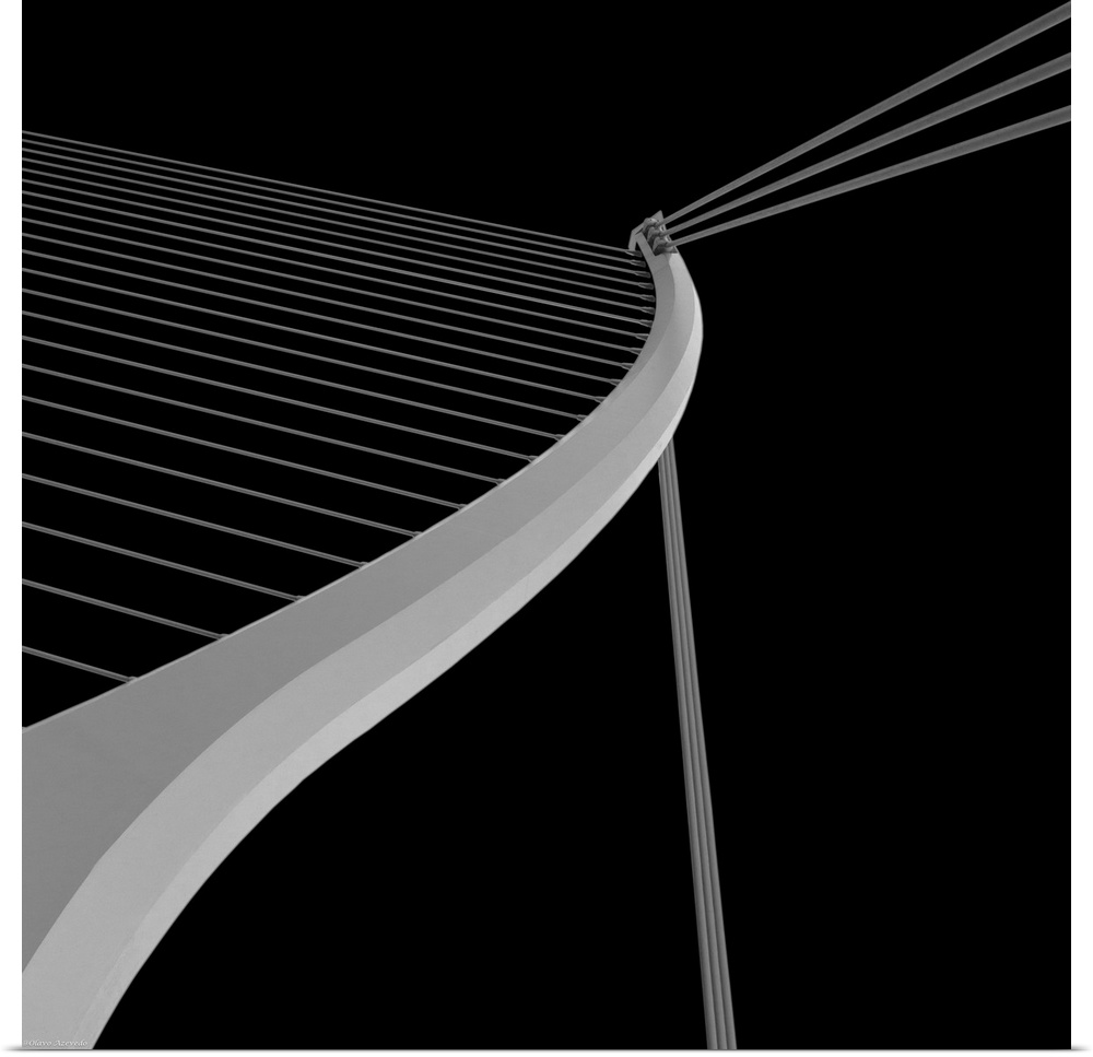 Black and white architectural abstract photograph of leading lines on the Samuel Beckett Bridge in Dublin.