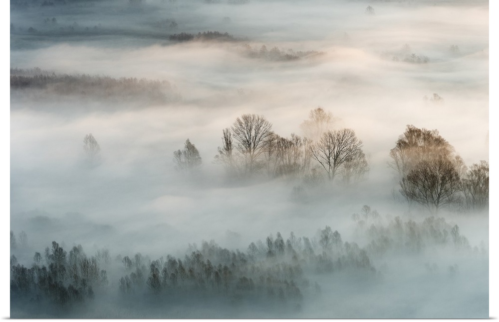 Landscape photograph of the sunrise with heavy fog during Winter in Italy.