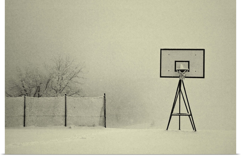A basketball hoop and chainlink fence with a layer of snow.