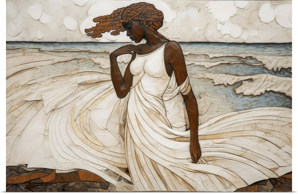 A contemporary yet classic collage of a Black woman in a large flowing white dress in front of the ocean