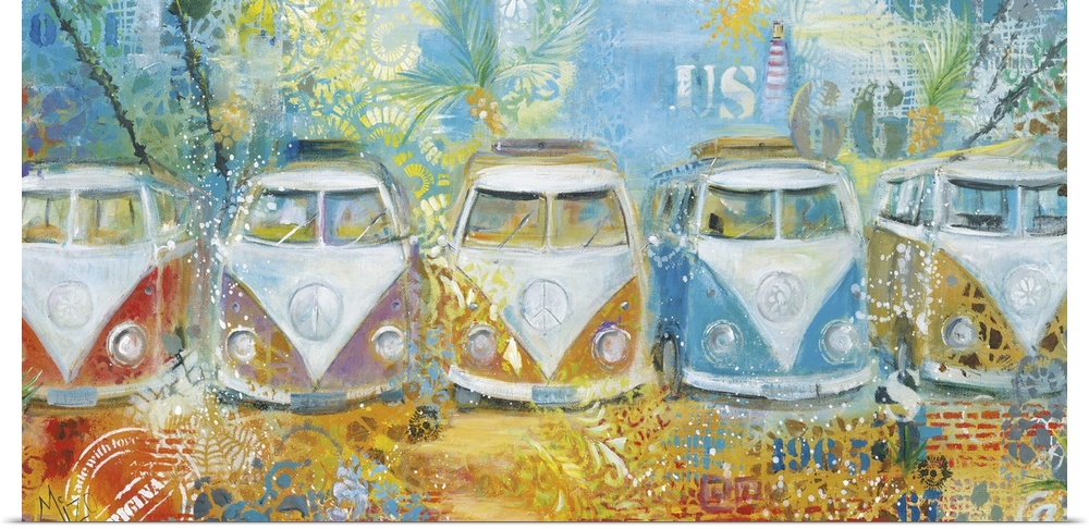 A row of colorful Volkswagen Buses embellished with paint splatters and stenciled letters.