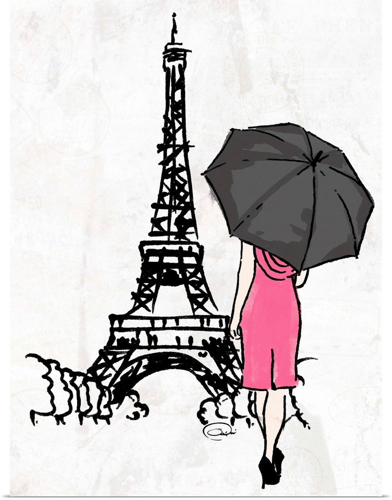 Artwork of a woman in a pink dress under a black umbrella walking toward a famous Parisian monument, against a white backg...