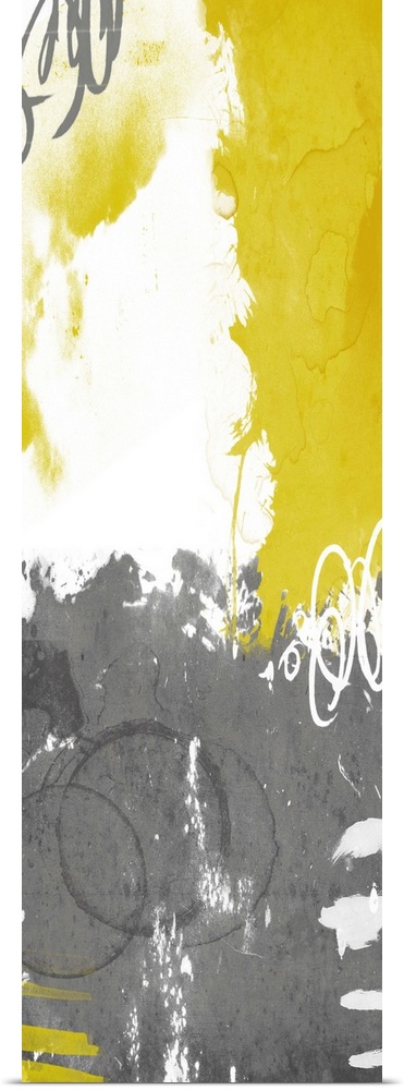 Vertical contemporary abstract art in shades of white, grey, and yellow.