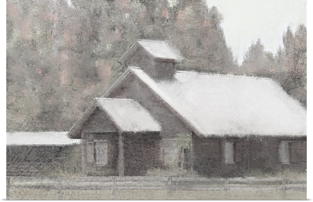 An image in shades of gray of a farmhouse with trees behind it with a textured overlay.