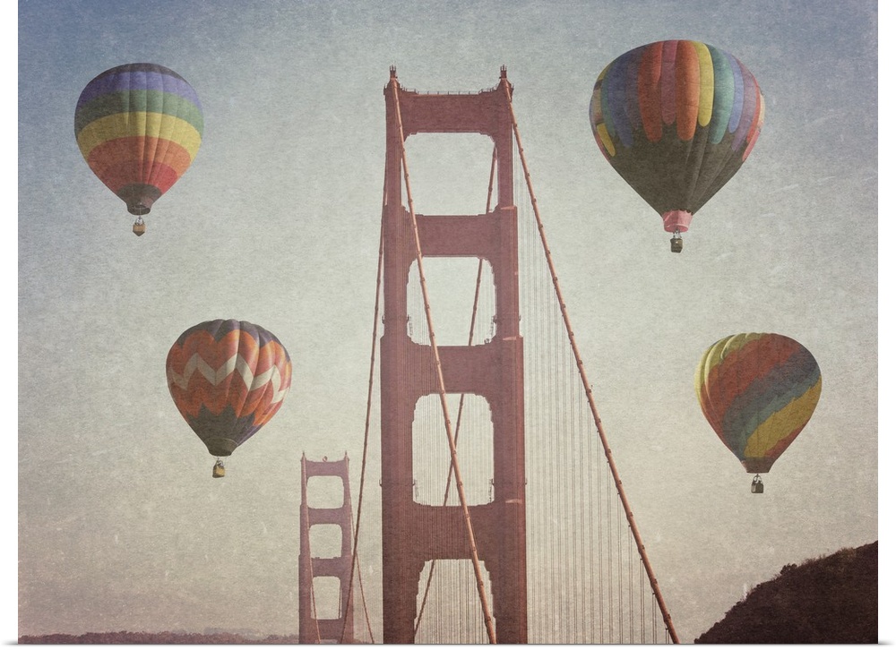 Artistically filtered photograph of the golden gate bridge surrounded by hot air balloons.