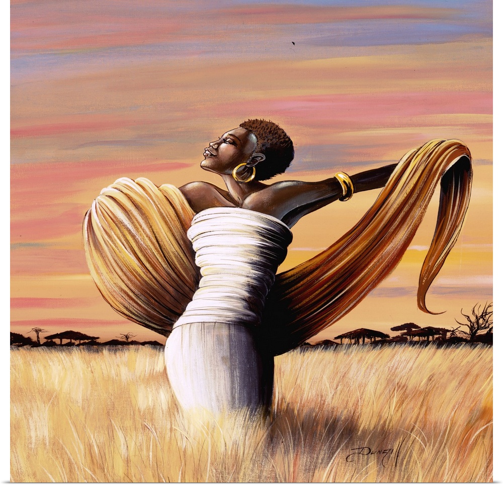 Contemporary African painting of a woman in a field raising her arms.
