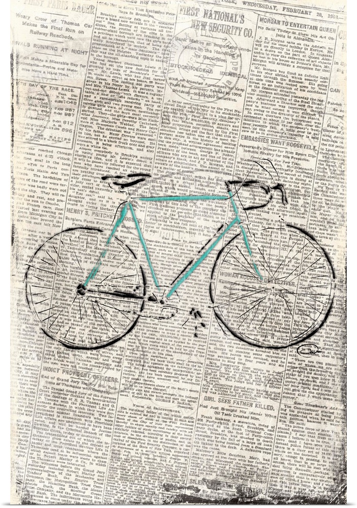 Image of a bicycle on weathered news print.