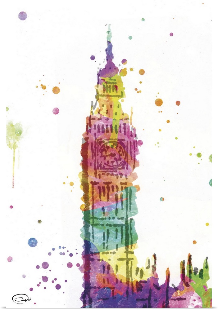 Rainbow watercolor image of Big Ben.