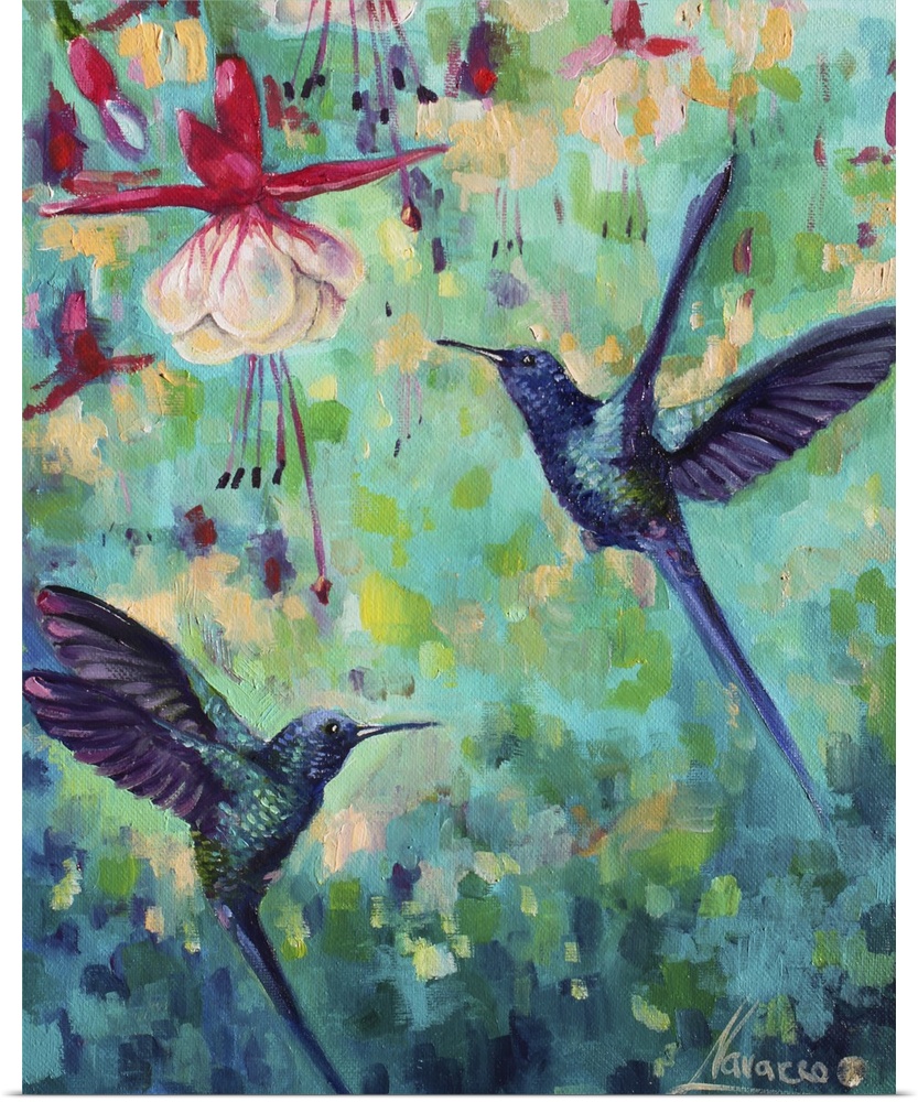 Contemporary painting of hovering hummingbirds around vibrant flowers.
