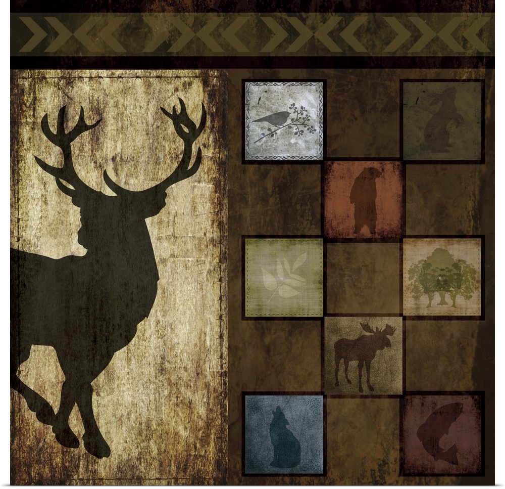 Artwork of a silhouette of a stag next to tiles of other animal silhouettes.