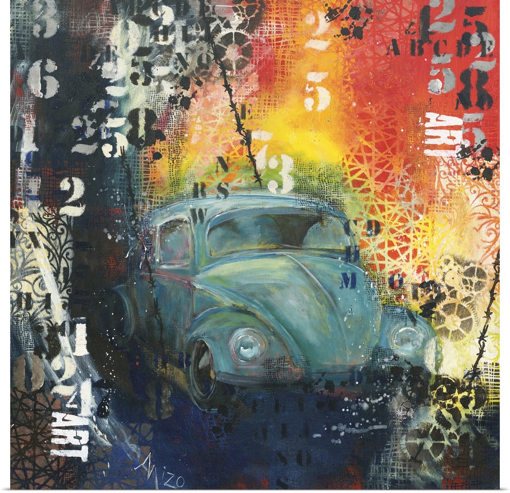 Painting of a blue Volkswagen beetle embellished with paint splatters and stenciled numbers.