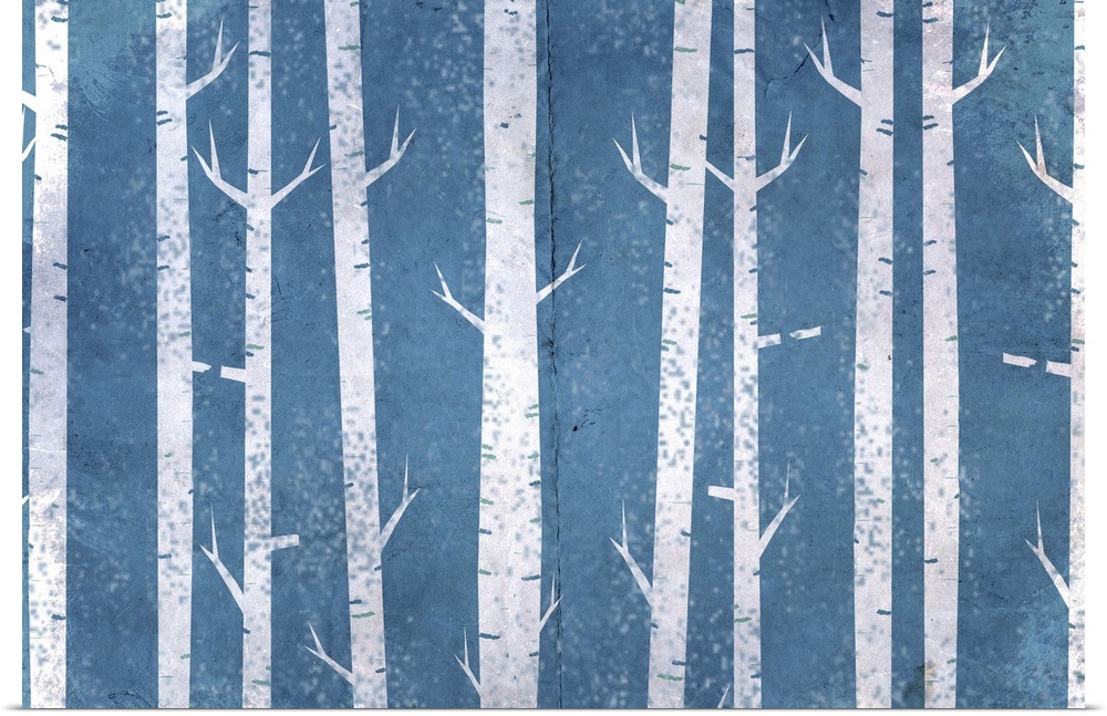 Contemporary painting of white rustic cut-out style trees against a blue background.