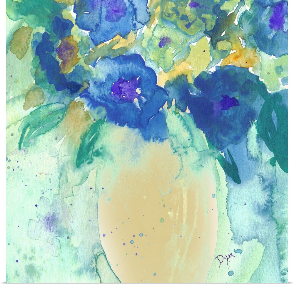 Watercolor painting of a bouquet of flowers in a vase.