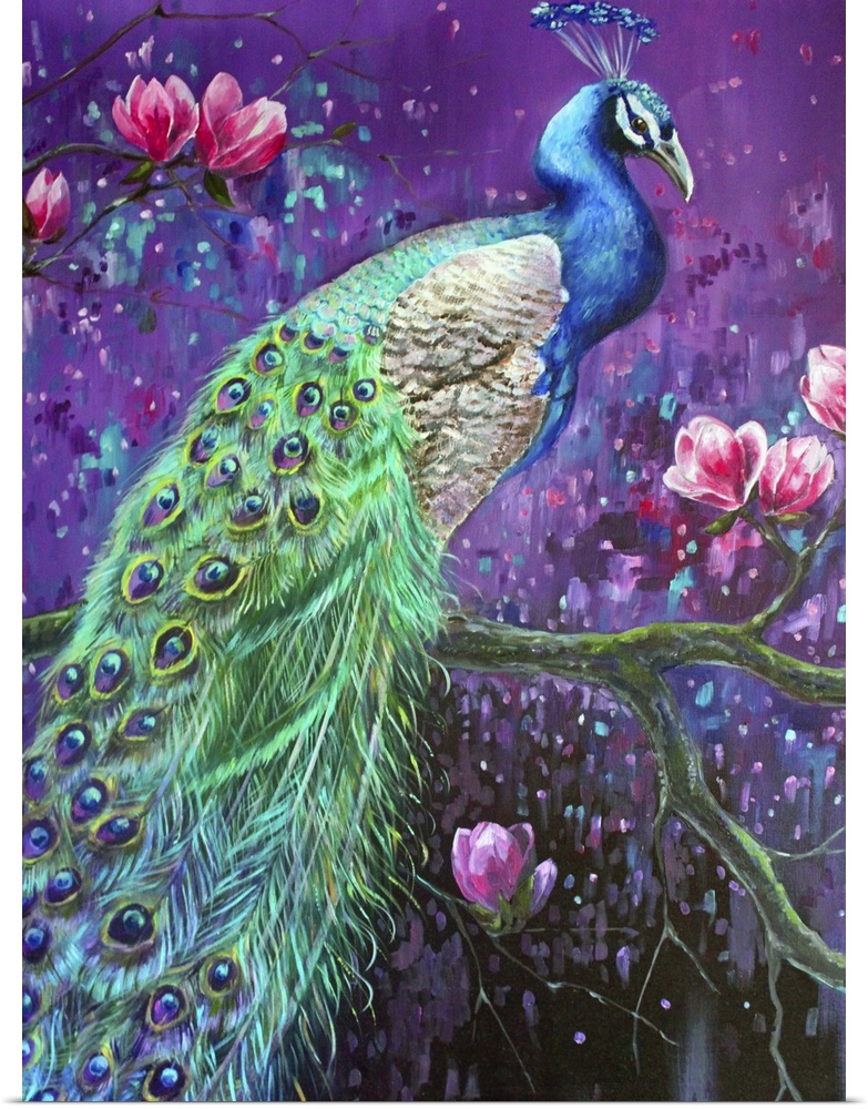 Contemporary vibrant painting of a male peacock perched on a branch against an interstellar background.