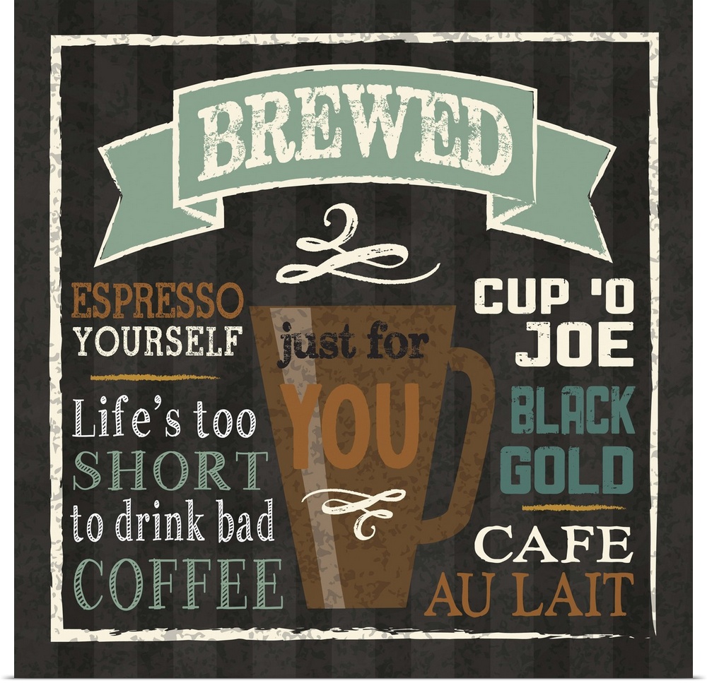 Chalkboard style artwork featuring a  mug of coffee and coffee-related phrases.
