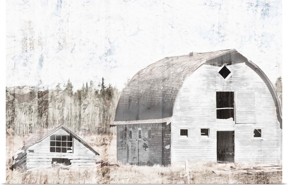 An image in neutral tones of a barn with trees behind it with a textured overlay.