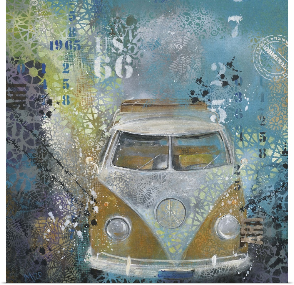 Painting of a yellow Volkswagen bus embellished with paint splatters and stenciled numbers.