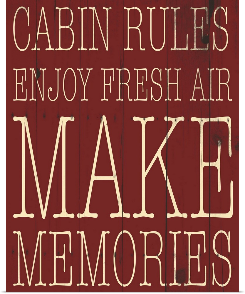 Typographical artwork with "Cabin Rules" in a thin rustic text.