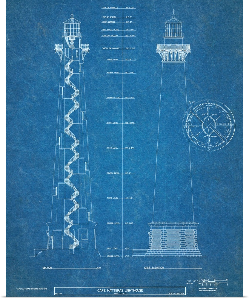 Contemporary artwork in technical blueprint style of Cape Hatteras lighthouse.