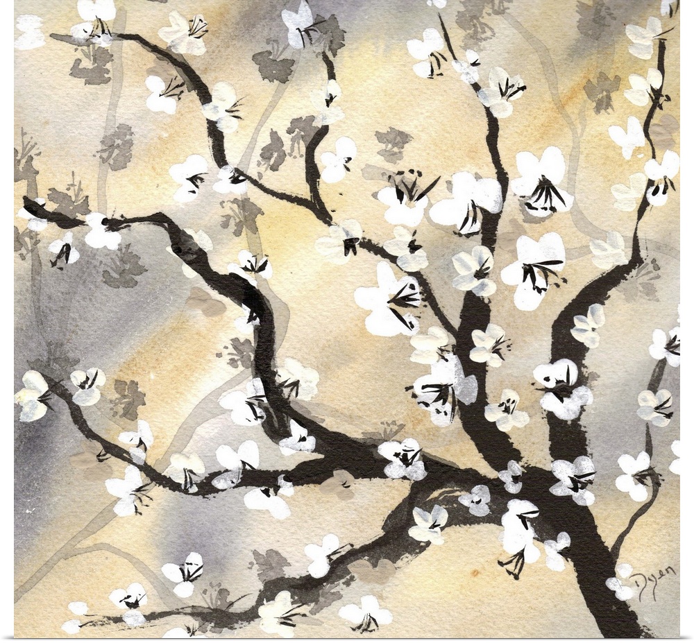 Painting of cherry blossom tree branch, with tiny white blossoms. Against an earth toned background.