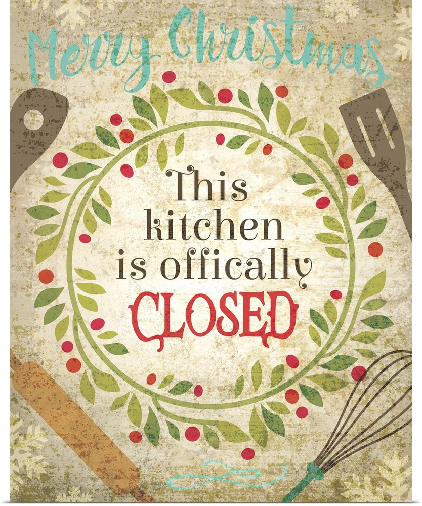 Humorous holiday kitchen art featuring a holly wreath and kitchen utensils.