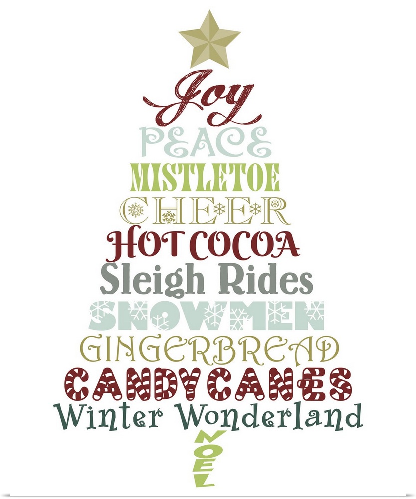 An assortment of lyrics from Christmas songs in different fonts and colors in the shape of a tree.