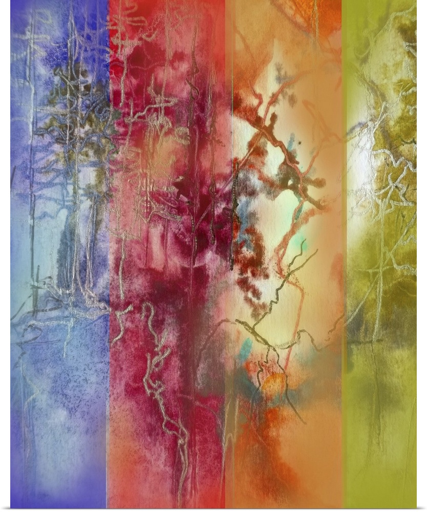 Abstract painting overlaid with four colors in vertical stripes.