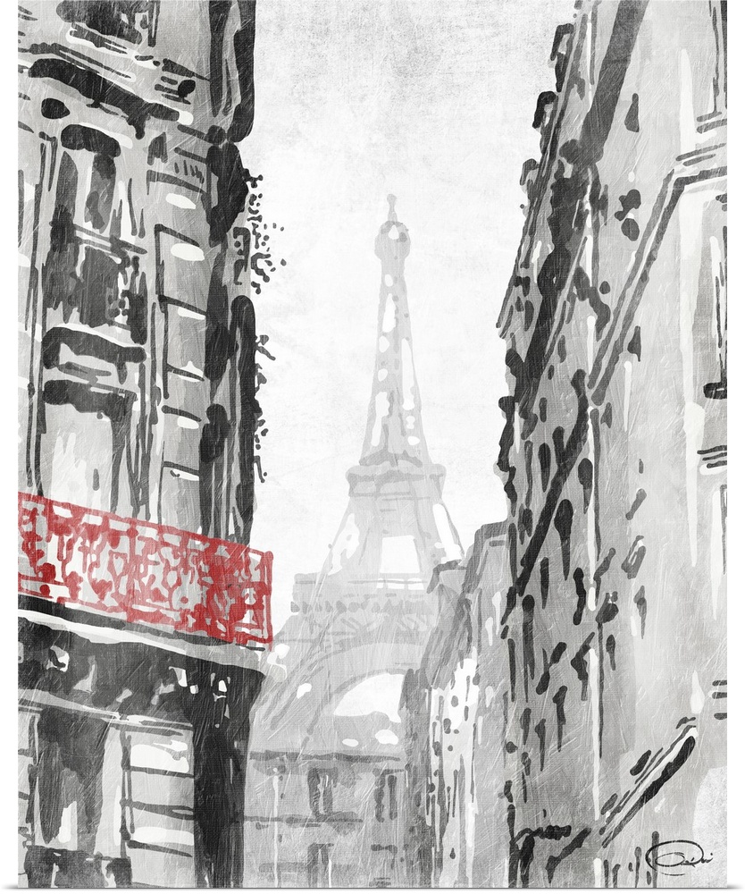 Contemporary travel artwork of a view of the Eiffel Tower in Paris from a city block.