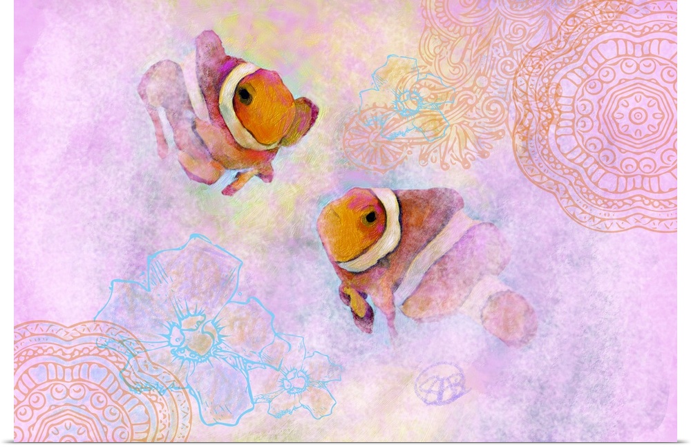Artwork of two orange striped clownfish on a pastel pink background.